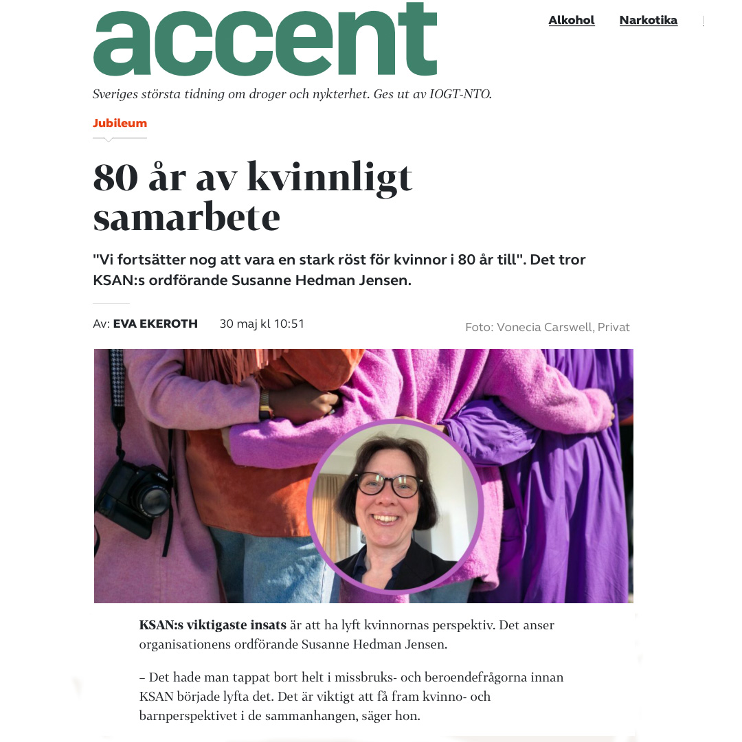 Skärmklipp på artikeln "80 år av kvinnligt samarbete", intervju med KSAN:s ordförande Susanne Hedman Jensen