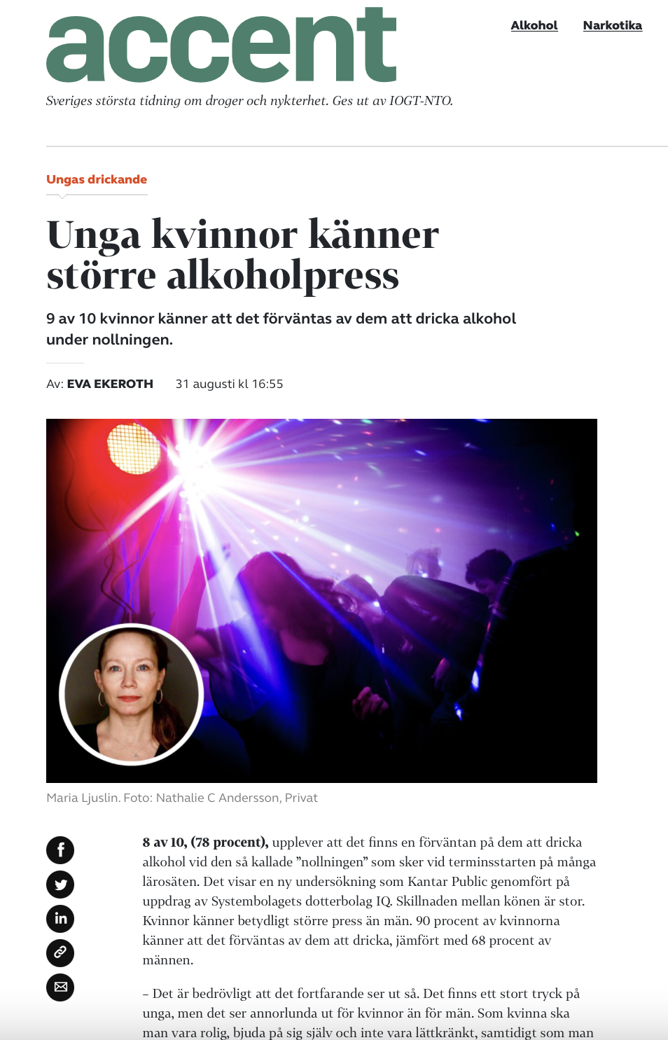 KSAN medverkar i Accent om unga kvinnor och alkoholpress