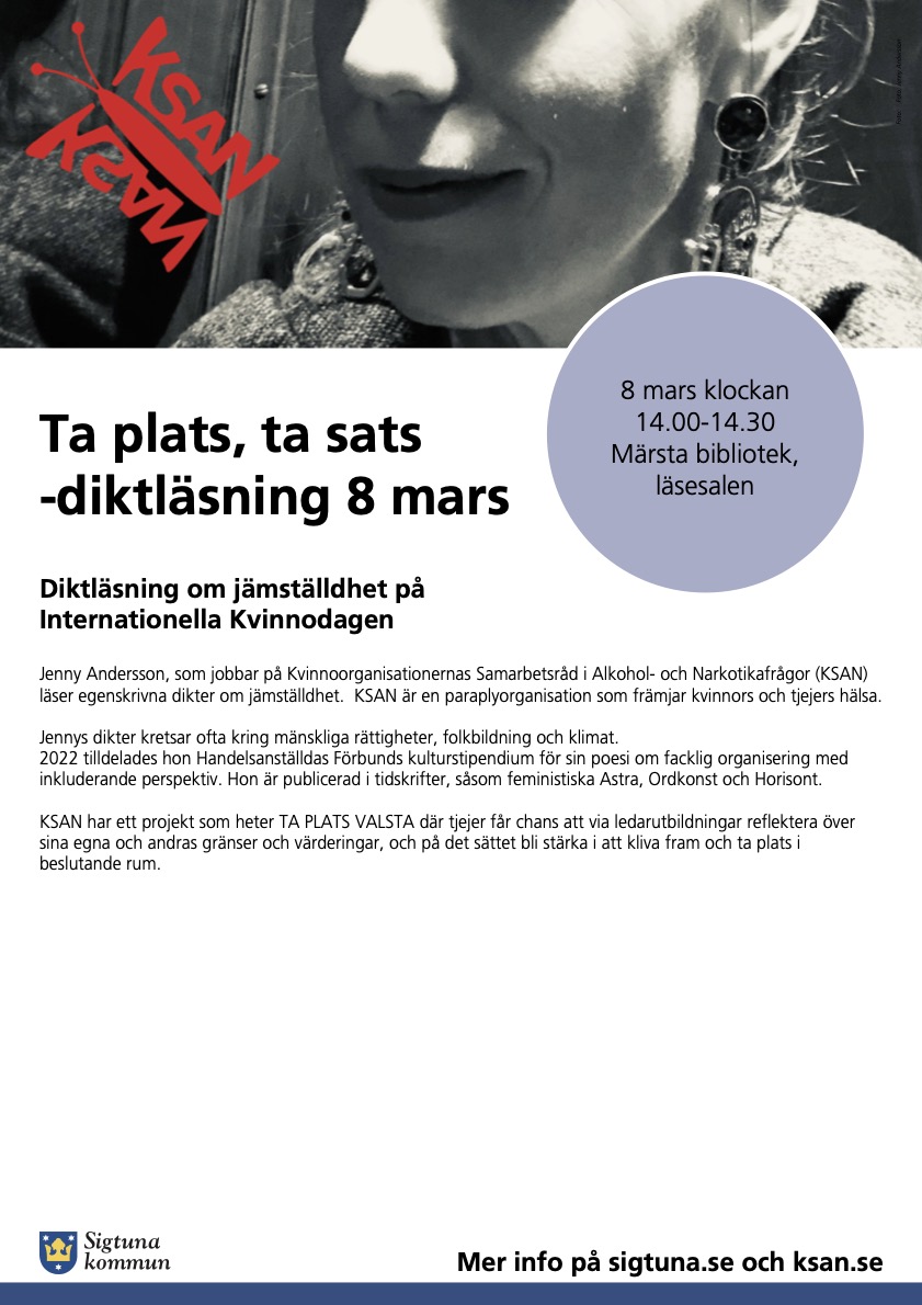 Ta plats ta sats diktlasning 8 mars med Jenny Andersson